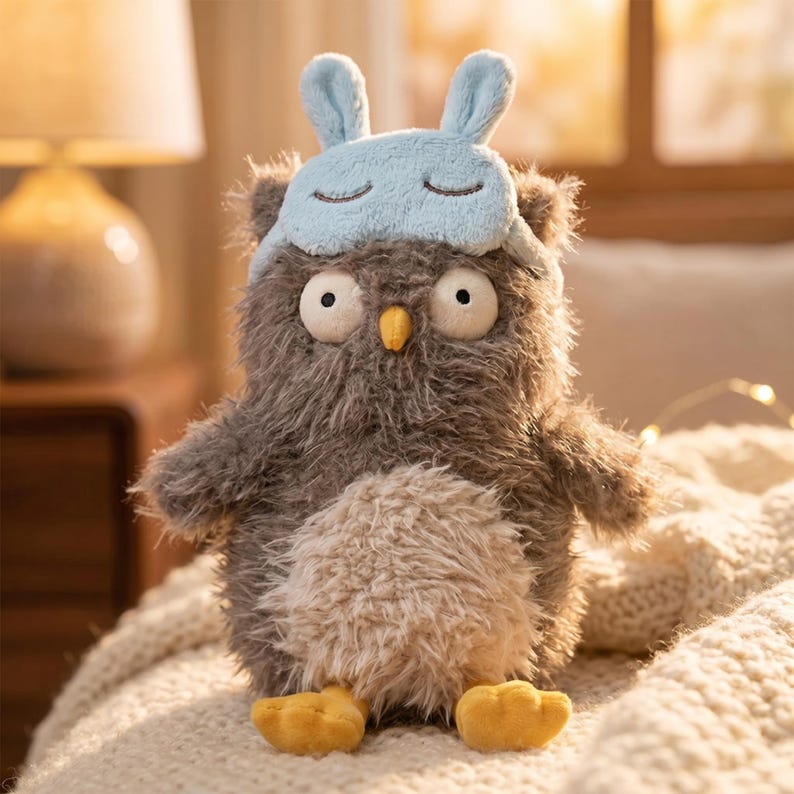 May include: A plush owl toy with large eyes and a blue sleep mask. The owl has gray and beige fur, yellow feet, and small wings. It is sitting on a white blanket, with a lamp and window in the background.