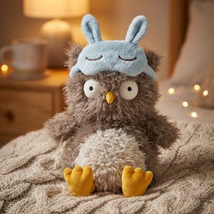 May include: A plush owl toy with a light blue sleep mask featuring bunny ears. The owl has large, round eyes, a yellow beak, and yellow feet. It is sitting on a cream-colored knitted blanket, creating a cozy and comforting scene.