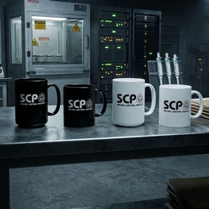 May include: Two black and two white ceramic mugs featuring the SCP Foundation logo and the text "SCP SECURE, CONTAIN, PROTECT" printed on the front. The mugs are arranged in a row on a metal table within a laboratory setting with equipment.