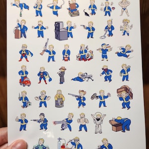 May include: Sheet of stickers featuring various cartoon illustrations of a character in a blue jumpsuit. The character is depicted in different poses and scenarios, such as holding weapons, reading, and working with tools. The stickers are on a white background.
