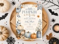 Blue Pumpkin Baby Shower Invitation | Little Pumpkin Is On The Way | Fall Baby Boy Shower Invite | Editable Canva Template product logo