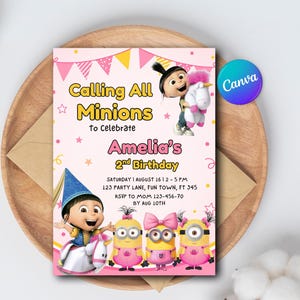 Calling All Minions Birthday Invitation | Pink Kids Minions Birthday Invite | Girl 2nd Birthday Party | Printable Digital Download