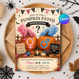 May include: A rectangular gender reveal invitation card featuring two pumpkins, one with a pink female symbol and one with a blue male symbol. The text reads JOIN US FOR A PUMPKIN PATCH GENDER REVEAL, WHAT WILL OUR LITTLE PUMPKIN BE, and event details.