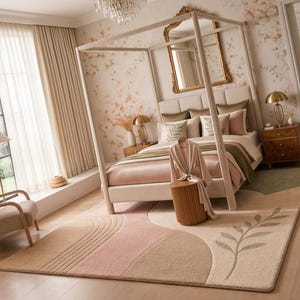 May include: A large rectangular area rug featuring a soft color palette of beige, cream, and dusty pink. The design includes abstract curved shapes, linear textured patterns, and a prominent green leaf motif on the right side of the rug.