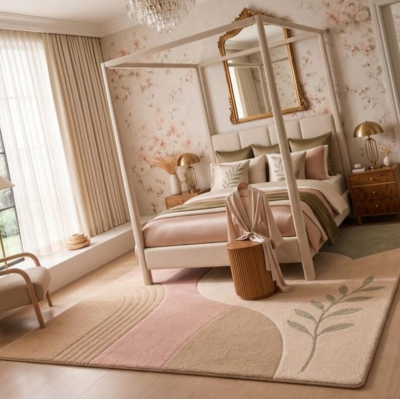 May include: A large rectangular area rug featuring a soft color palette of beige, cream, and dusty pink. The design includes abstract curved shapes, linear textured patterns, and a prominent green leaf motif on the right side of the rug.