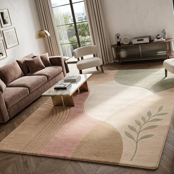 Pastel Abstract Area Rug, Boho Botanical Rug, Pink Sage Green Carpet, Scandinavian Living Room Rug, Modern Floral rug, Neutral Bedroom Rug