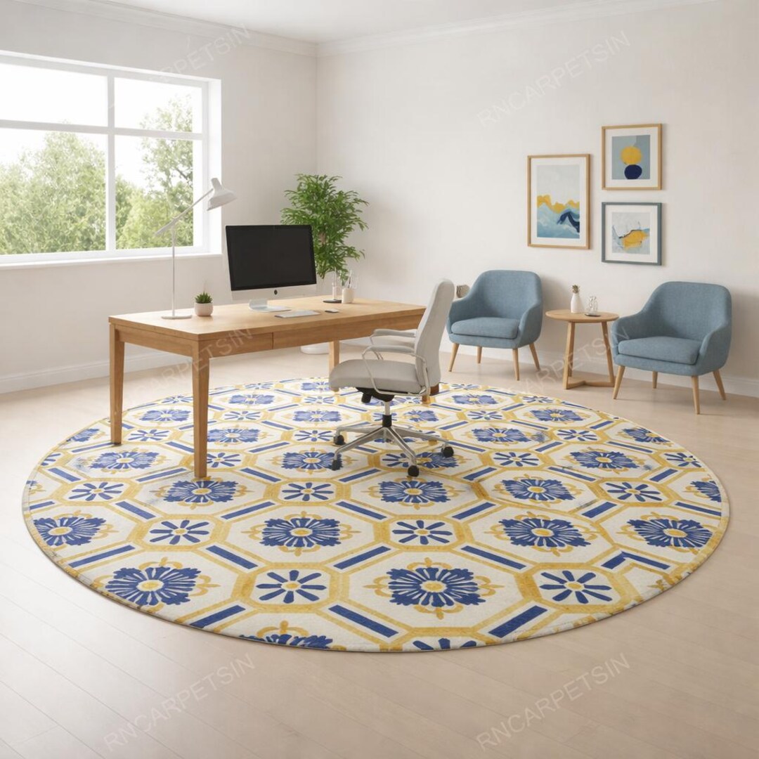 Mediterranean Tile Pattern Rug – Blue and Mustard Geometric Floral ...