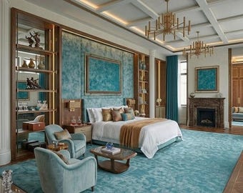 May include: A bedroom featuring a large bed with white linens and a tan throw, two light blue velvet armchairs, a wooden coffee table, and a large teal area rug. The room includes built-in wooden shelving, three gold chandeliers, and a fireplace.