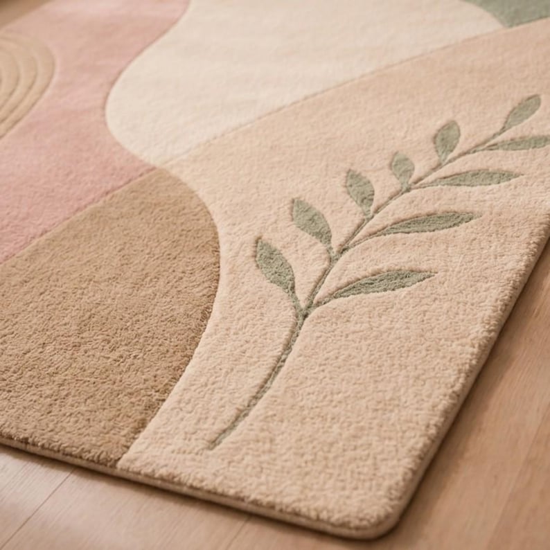 May include: A rectangular area rug featuring a tufted texture with abstract shapes in shades of cream, beige, and dusty pink. The design includes a prominent sage green leaf motif with a stem and multiple leaves carved into the surface pile.