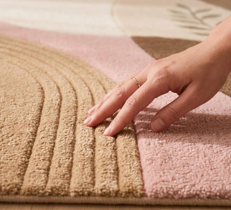 May include: A textured area rug featuring a geometric pattern with raised, carved arch shapes in tan, soft pink, and brown. The rug has a thick, plush pile surface with a visible leaf motif in the corner, showcasing a soft, tufted fabric construction.