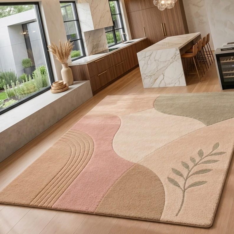 May include: A rectangular area rug featuring a soft color palette of beige, tan, dusty pink, and sage green. The design includes abstract curved shapes, a series of parallel lines on the left side, and a single botanical leaf motif on the right.
