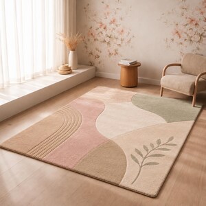 May include: A rectangular area rug featuring a soft color palette of beige, dusty pink, and sage green. The design includes abstract curved shapes, a series of parallel arched lines, and a single botanical leaf motif in a muted green tone.