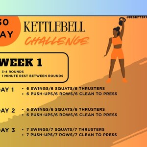 Puede incluir: Gráfico naranja y amarillo para un desafío de 30 días con pesas rusas. La imagen incluye un programa de entrenamiento para la semana 1, con ejercicios como swings, sentadillas y thrusters. También se incluye una silueta de una persona levantando una pesa rusa.