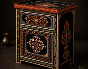 Unique Black-Blackberry Moroccan Painted Bedside-Nightstand Table, Andalusian design, bedside table with door and drawer.
