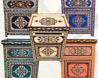 6 Farben / Geschmacksrichtungen Marokkanischer Nachttisch, Nachtschrank, andalusisches Design, Nachttisch mit Tür und Schublade, Nachttisch mit Schublade.