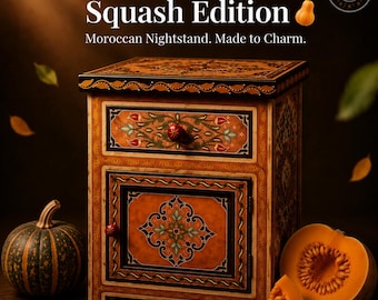Unique Orange-Pumpkin Moroccan Painted Bedside-Nightstand Table, Andalusian design, bedside table with door and drawer.