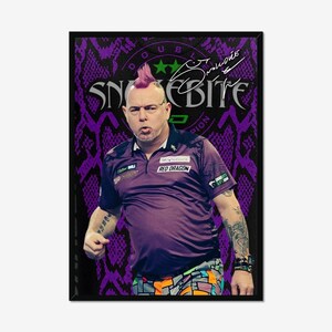 May include: A framed image featuring a man with a pink mohawk and tattoos, wearing a purple polo shirt with the text "Red Dragon." The background is purple with a snake-skin pattern and the words "Snakebite" and a signature.