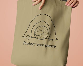 Protect Your Peace tote bag, hedgehog illustration, minimalist line art