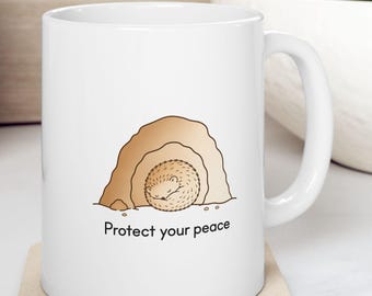 Protect your peace mug, Hedgehog illustration mug