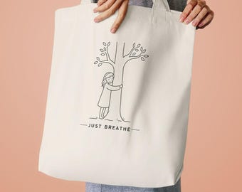 Just Breathe Canvas Tote Bag, Minimalist Mental Health Gift, Self Care Tote, Anxiety Relief Gift, Nature Lover Bag, Encouragement Gift