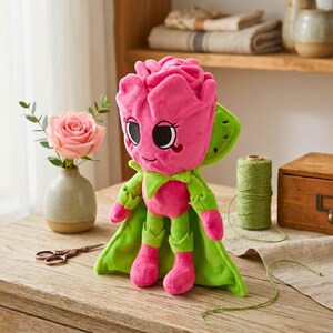 Puede incluir: Un peluche con forma de rosa rosa con una cara sonriente, ojos grandes y una capa verde. El juguete est&aacute; sobre una mesa de madera con un jarr&oacute;n de rosas y una bobina de hilo verde.