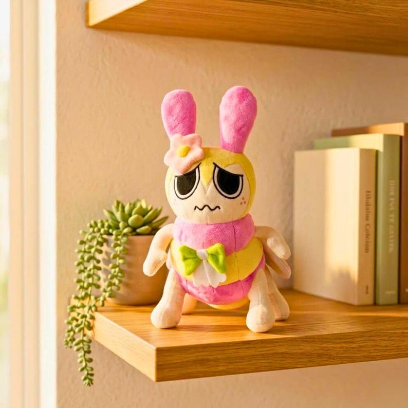 Puede incluir: Un peluche con forma de conejo con orejas rosas, cuerpo amarillo y bufanda rosa. Tiene una flor en la cabeza y un lazo verde. El juguete est&aacute; sobre una estanter&iacute;a de madera.