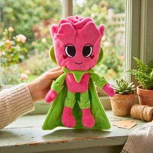 Puede incluir: Un peluche con forma de rosa rosa con una cara sonriente, ojos negros grandes y detalles de coraz&oacute;n. Tiene una capa, mangas y piernas verdes. El juguete se sostiene frente a una ventana con plantas.