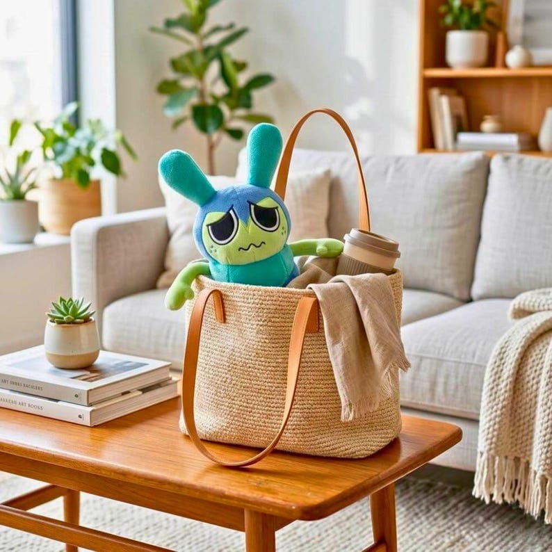 Puede incluir: Un bolso tote tejido con asas de cuero marr&oacute;n y un peluche de conejo azul y verde en su interior. Una taza de caf&eacute; reutilizable y una manta beige tambi&eacute;n est&aacute;n en la bolsa. La bolsa est&aacute; sobre una mesa de madera.