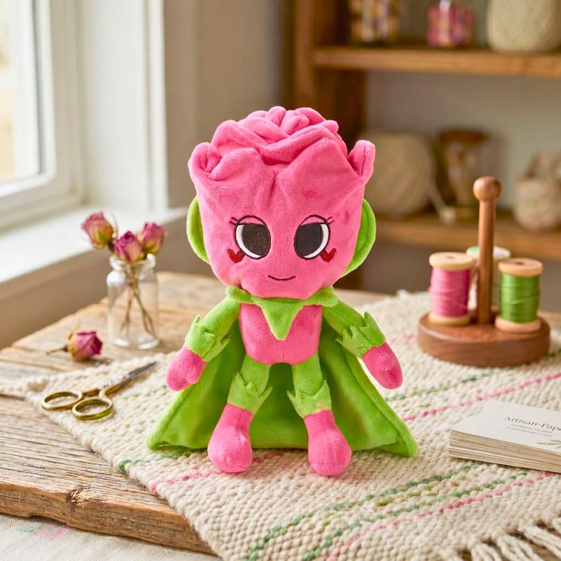 Puede incluir: Un peluche con forma de rosa rosa con una cara sonriente, una capa verde y detalles verdes a juego. El juguete est&aacute; colocado sobre una superficie texturizada de color crema. El juguete tiene grandes ojos negros y detalles en forma de coraz&oacute;n.