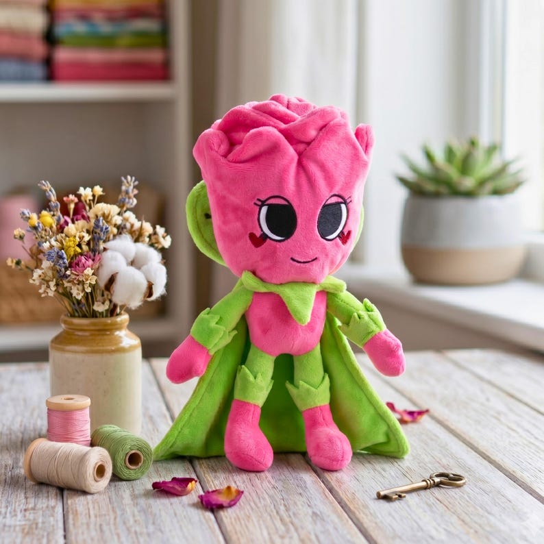 Puede incluir: Un peluche con forma de rosa rosa con una cara sonriente, ojos negros y detalles de coraz&oacute;n. Lleva una capa y un atuendo verdes. El fondo incluye un jarr&oacute;n con flores, carretes de hilo y una llave sobre una superficie de madera.