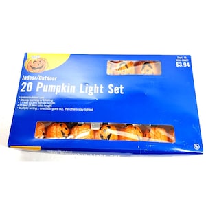 May include: A blue box containing a 20-pumpkin light set for indoor or outdoor use. The box has a clear window showing the orange pumpkin lights. The text on the box reads "20 Pumpkin Light Set".