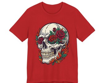 Skull with Red Roses Tee | Floral Skull Graphic Shirt