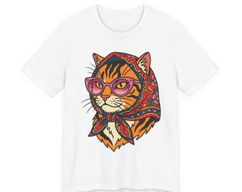 Cat in Headscarf Tee | Retro Tiger Cat with Glasses