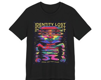 Identity Lost glitch art T-Shirt | psychedelic distorted face, neon vaporwave design