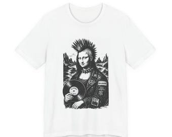 Punk Mona Lisa holding vinyl record Tee | Punk Rock Art T-Shirt