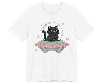 Space Cat UFO tee | Black Cat in Flying Saucer T-Shirt, Cute Astronaut Cat Design
