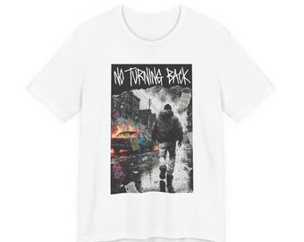 No Turning Back graphic tee | Post-apocalyptic cityscape, lone figure, grunge typography
