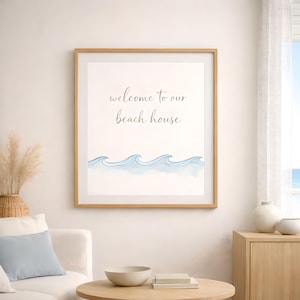 Może przedstawiać: Oprawiony wydruk z napisem "welcome to our beach house" w kursywie. Poniżej tekstu znajdują się niebieskie fale akwarelowe. Rama jest w kolorze jasnobrązowym.