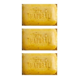 May include: Three rectangular bars of yellow soap with a textured, speckled surface. Each bar features the embossed text TRUE AND NATURAL along with a small leaf icon centered on the front face. The soap has a warm, golden-yellow hue.
