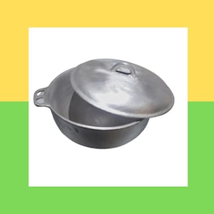 May include: A silver cooking pot with a lid. The pot has two side handles and a loop handle on the lid. The lid is slightly open, showing the inside of the pot. The pot is set against a white background with yellow and green accents.