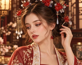 Bridal Hair Accessory Set,Red Floral Hanfu Hair Pins,Pearl Tassel Headpiece,Wedding Hair Jewelry with Earrings