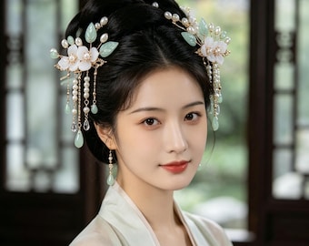 Paar Floral Hanfu Haarspangen mit Quasten, Fairycore Blumen Haarnadeln mit Perlen, Braut Haarschmuck im chinesischen Stil, Geschenk für Sie