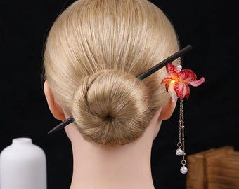 Silk Flower Wooden Hairpin,Glowing Lantern Hairpin,Gift, Ancient Style Coiled Hair Stick,Medieval Lantern Hair Stick with LED Light,