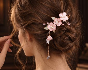 Pearl Blossom Hair Accessory,Pink Floral Hair Clip,Romantic Bridal Hair Pin,Wedding Updo Barrette,Gift for Her