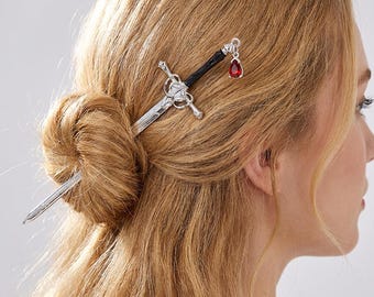 Horquilla de espada en tono dorado o plateado con dijes de hojas, espada para el cabello, horquilla de espada, palillo de pelo gótico de metal, accesorios para el cabello de cosplay, regalo para ella