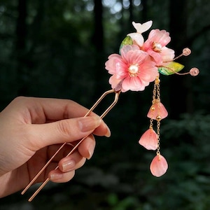 Fermaglio per capelli con fiore di peonia, forcina per capelli con etereo fiore di giglio rosa, forcina per capelli in stile antico con fiore rosa e nappa, accessorio per capelli regalo per lei
