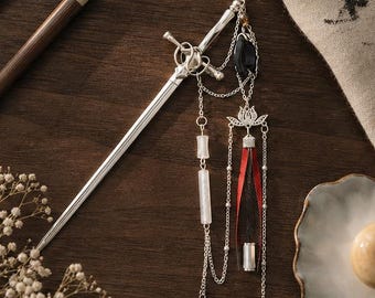 Handmade Chinese Hairpin for Wedding or Photoshoot, Silver Plated Hanfu Accessory with Lotus Moon Pendants & Red Silk Charm