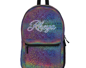 Mochila con estampado holográfico de purpurina arcoíris / Mochila escolar con estampado iridiscente brillante