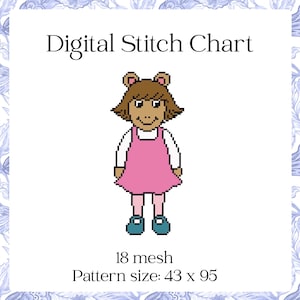 Può includere: Schema di punto croce digitale con un'illustrazione pixelata di un personaggio con un vestito rosa e scarpe blu. Lo schema include il testo "18 mesh" e "Pattern size: 43 x 95". L'immagine ha un bordo floreale decorativo.