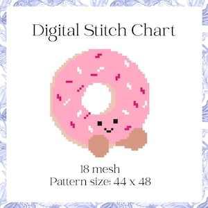 May include: Digital Stitch Chart featuring a pixelated pink donut with sprinkles and a smiling face. The donut has two brown feet. The text reads "18 mesh" and "Pattern size: 44 x 48".